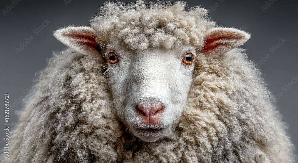 Poster Close-Up Portrait of a Sheep With Fluffy Wool, Representing Animal Welfare and Sustainable Farming Practices : Generative AI