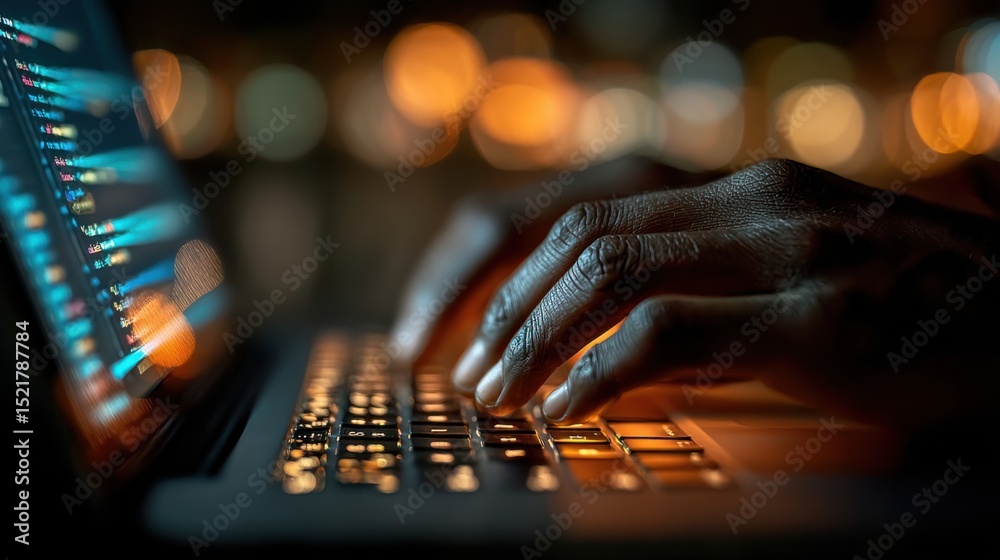 Aufkleber Hands Typing on Laptop Keyboard in Dark Room, Illustrating Technology and Remote Work, Representing Digital Transformation and Online Communication : Generative AI