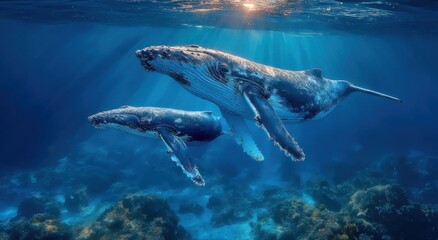 Fototapeta premium Two Humpback Whales Swimming Gracefully Underwater in Sunlight, Showcasing Marine Conservation and Ocean Exploration, Ideal for Educational Purposes : Generative AI