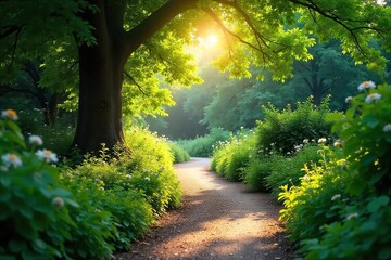 A winding garden path leads through lush greenery, sunlight dappling the leaves and illuminating the way Perfect for tranquil, nature, and garden themes , nature, serene