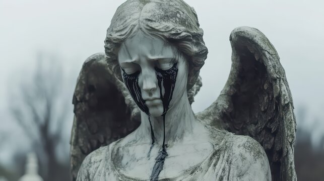 A marble statue of an angel with broken wings weeping black tears in a forgotten cemetery
