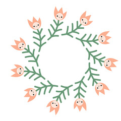 Simple tulip with cute face round frame. Simple flower wreath.