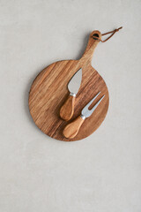 Cheese knife set and circle wooden board with handle