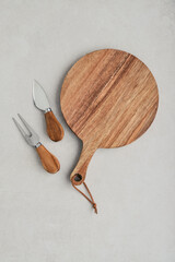 Cheese knife set and circle wooden board with handle