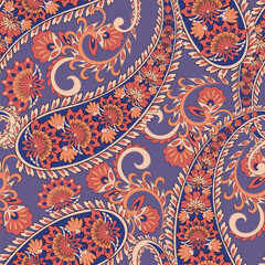 Digital vector textile print. Seamless Design suitable for covers, fabrics, textiles, wrapping paper, featuring an antique Thai pattern Paisley Indian motifs and decorative floral elements