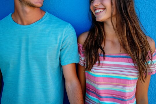 A joyful couple stands closely together, smiling and holding hands, set against a bright blue background. Their connection radiates happiness and warmth in this intimate moment