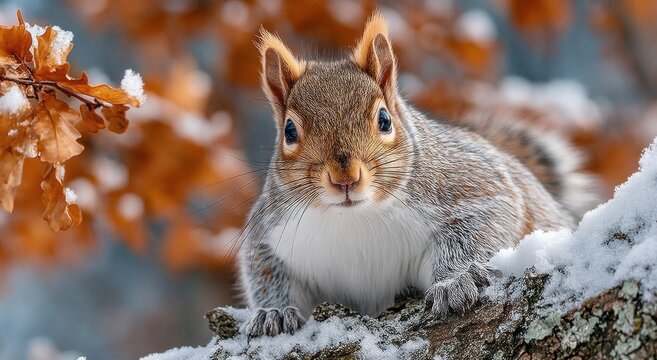 Gray Squirrel Perched on Snowy Branch With Autumn Leaves, Symbolizing Wildlife Conservation and Winter Season : Generative AI