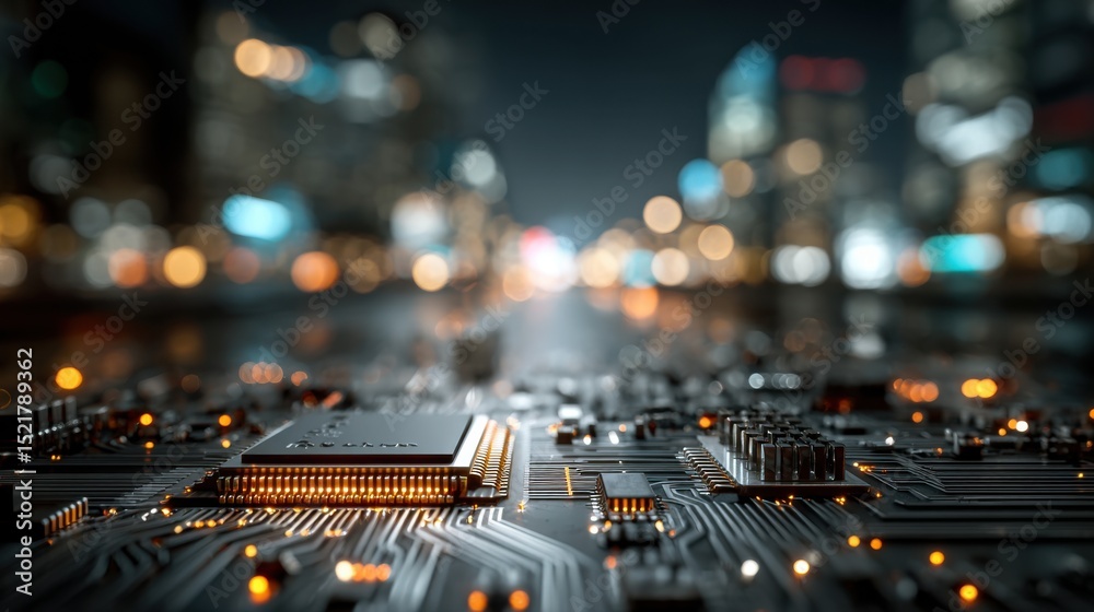 Poster Circuit Board With Glowing Lights Against Cityscape, Illustrating Digital Transformation and Technological Innovation in Modern Business and Global Connectivity : Generative AI