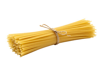 A bundle of uncooked spaghetti pasta tied with twine against a stark Isolated on transparent background ready for preparation.