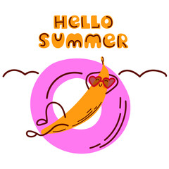 Banana relaxing in pool float. Hello summer card. Funny summer illustration. kids designs, t-shirts, cards, and beach-themed projects. Vector illustration