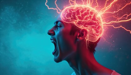 Image of person profile with glowing brain, electrifying effects. Symbolizes mental energy, emotion, creativity, expression. Concept of modern tech, insight, innovation, power, human consciousness.