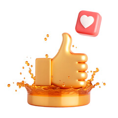 Animated-style 3D thumbs up icon with liquid gold texture, dynamic splash particles.
