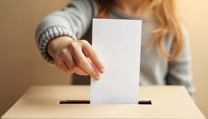 Close-up child hand inserts ballot voting box. Focus democratic process election. Concept participation, civic duty, future generation involvement in government decision. Democracy concept, voting