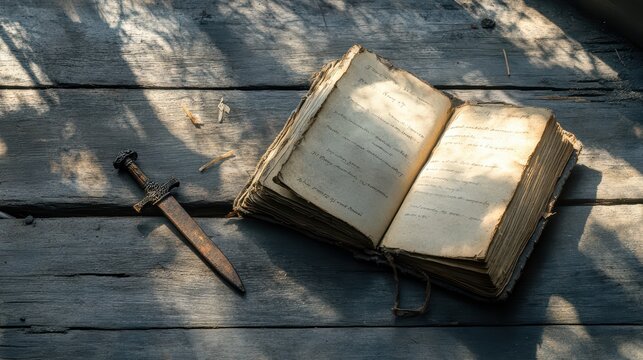 A tattered journal lying open beside a rusted dagger on weathered wood, shadows swallowing its edges