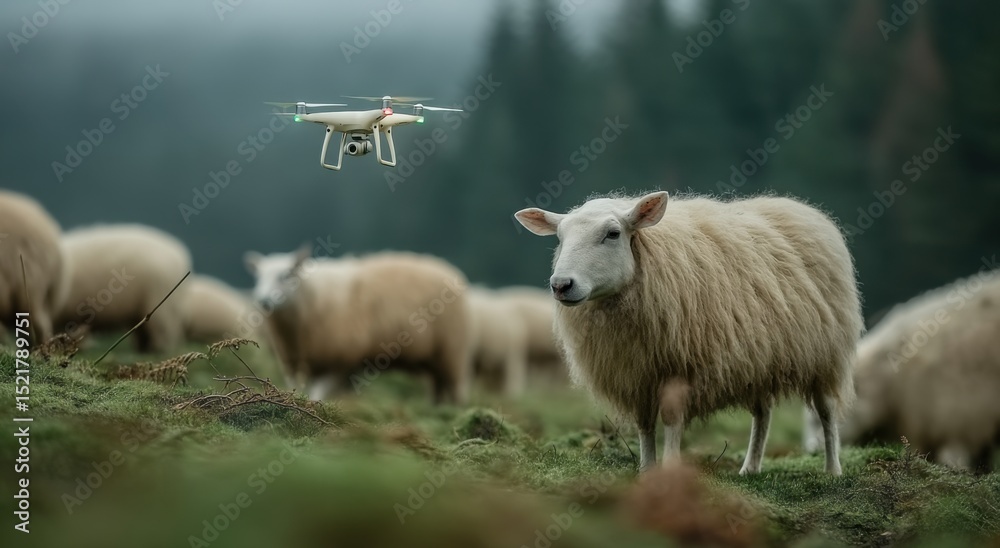 Poster drone flying over sheep in a foggy field, representing agricultural technology and farm management i