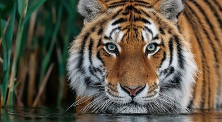 Naklejka premium Intense Tiger Stare in Water, Representing Wildlife Conservation and Animal Protection Efforts : Generative AI