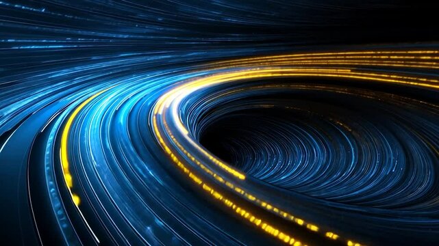Abstract Vortex of Digital Data Streams: A mesmerizing swirl of blue and gold light trails, symbolizing the flow of information in the digital age.