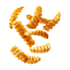 Crispy crinkle cut French fries falling scattered isolated on transparent background