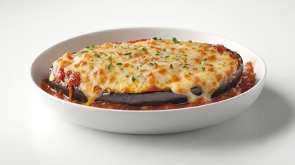 A baked eggplant parmesan slice covered in marinara sauce and bubbling cheese