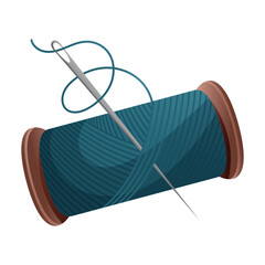 Spool of blue thread and needle. Working tool for sew and needlework. Vector illustration.