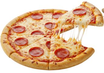 Deliciously baked pepperoni pizza with melted cheese being lifted presenting its cheesy goodness Isolated on transparent background