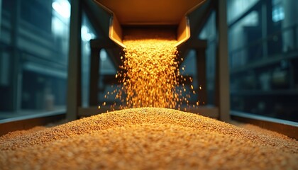 Close-up of grain falling into hopper. Wheat barley oats rye corn sorghum millet rice seeds harvest farming agriculture industry factory processing. Food and nourishment.