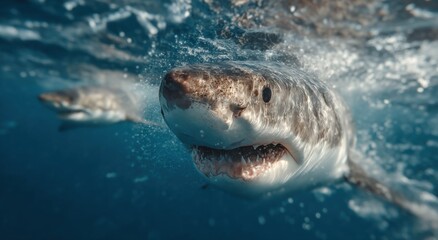 Great White Shark Swimming Underwater With Open Mouth, Showcasing Marine Wildlife and Ocean Conservation : Generative AI