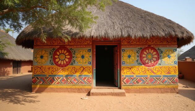 Traditional Indian village hut with colorful painted patterns. Clay, thatch construction. Rural scene with vibrant decor, authentic cultural heritage. Artistic exterior design reflecting local