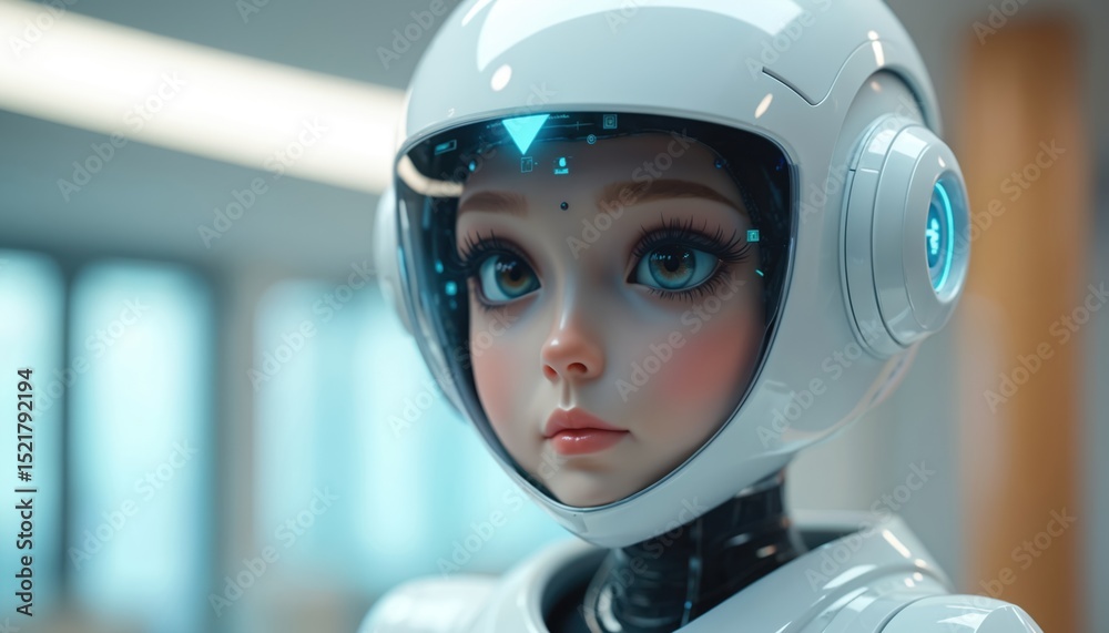 Poster Close-up of white robot with human-like features. Digital interface on helmet visor, glowing lights on eyes. Futuristic tech, cybernetic interface, ai technology. Blurred background. Science