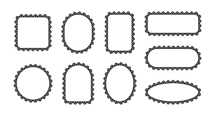 Frame with lace edge. On the border is a scallop pattern. Ornament in the form of circle, ellipse and rectangle. Set of vector illustrations isolated on a white background.