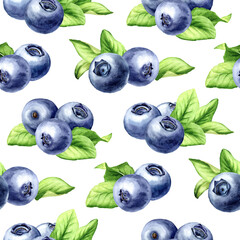 Blueberry seamless pattern. Hand drawn watercolor illustration, isolated on white background.tif