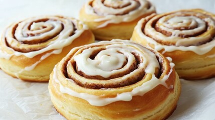 Fototapeta premium A creative setup of fluffy frosted cinnamon rolls aligned in a spiral pattern