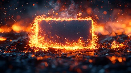 Blank card surrounded by fiery flames and sparks