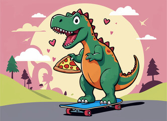 Vector drawing for children t-shirt. 
Green cute baby dinosaur
with triangular piece of pizza on skateboard on pink background. 
Design for textile, paper, fabric, 
kids clothing.