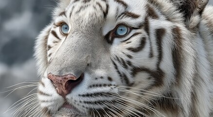 Obraz premium Close-Up of a White Tiger's Face With Piercing Blue Eyes, Symbolizing Endangered Wildlife Conservation and Environmental Awareness : Generative AI