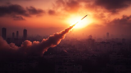 Iron Dome Missile Fired Over City Lights High Resolution Picture