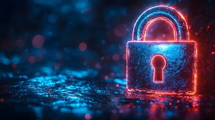 Glowing neon padlock icon symbolizing digital security and protection