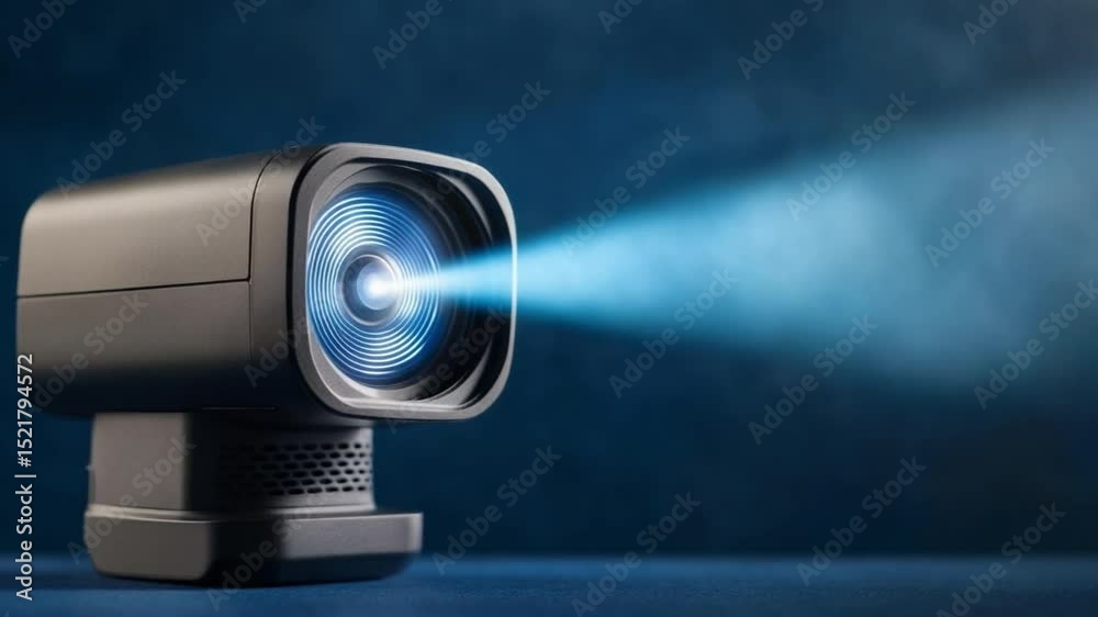 Poster projector in action: a close-up shot of a sleek, modern projector casting a bright beam of light aga