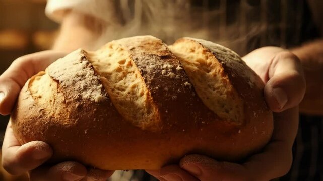Freshly Baked Bread in Hands. A close-up image of a loaf of freshly baked bread being held in two hands. The bread is golden brown with a dusting of flour, and has scored lines on top. 