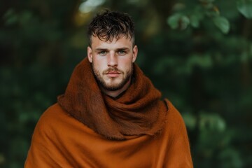 Celtic warrior draped in cloak, Forest portrait with earthy tones, Warm orange and brown hues, Natural light setting, Ample copy space, Minimalist style, Authentic medieval feel

