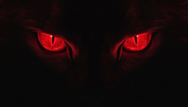 Menacing Red Animal Eyes Peering From The Dark: Sinister Beast Or Feral Feline Stalking In The Shadows Of The Night