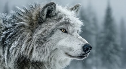 Fototapeta premium Wolf Portrait in Winter With Snowflakes on Fur, Symbolizing Wildlife Conservation and Wilderness Exploration : Generative AI