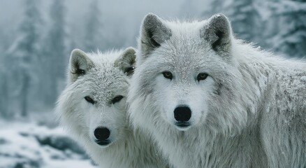Obraz premium Two Arctic Wolves Staring Intently in a Snowy Forest, Symbolizing Wilderness Conservation and Wildlife Protection : Generative AI