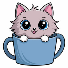 Adorable cartoon vector illustration of a fluffy kitten with big eyes sitting inside a blue cup perfect for children’s designs pet-themed products and cute animal artwork
