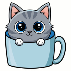 Cute cartoon gray kitten with big blue eyes sitting inside a teacup, adorable flat vector illustration in kawaii style for children’s designs and animal lovers

