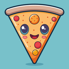 Cute cartoon pizza slice with happy face and big eyes, fun flat vector illustration in kawaii style for kids food design, playful snack character on blue background

