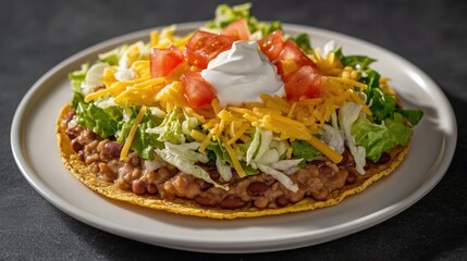 A crispy tostada loaded with refried beans