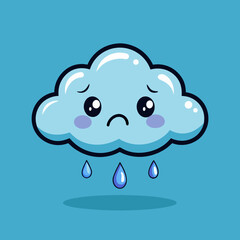 Sad cartoon cloud with teardrop-shaped raindrops and cute expressive face on blue background perfect for children’s illustrations emotional weather icons and vector character design

