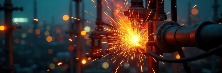 Close-up view of high-voltage electrical equipment sparking, highlighting the inherent dangers of power plant operation and the risk of electrical shock or fire , substation, sparks