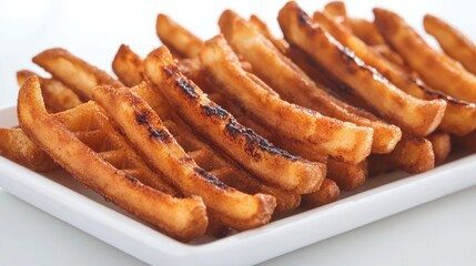 A detailed close-up of waffle fries arranged neatly with slight charred edges
